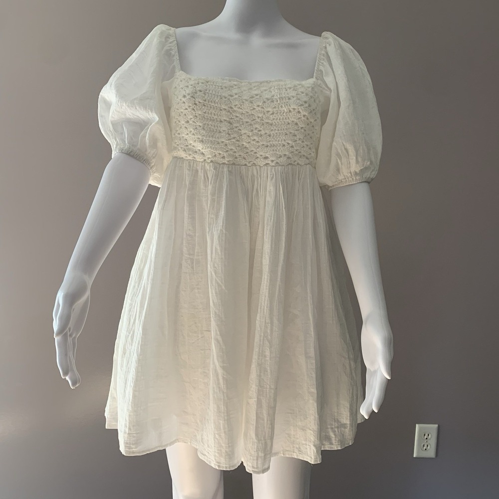 LALAVON MINI DRESS CROCHET SQUARE NECK PUFF SHORT SLEEVE RELAXED FIT SZ-S